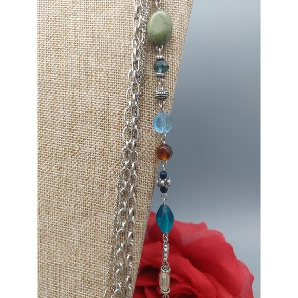 Premier Designs Silver Tone Necklace Multi Strand Chains Colorful Beads 36" - Picture 6 of 11